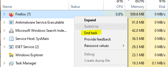 عمل end task لتطبيق عبر النافدة الرئيسية ل task manager في الوندوز